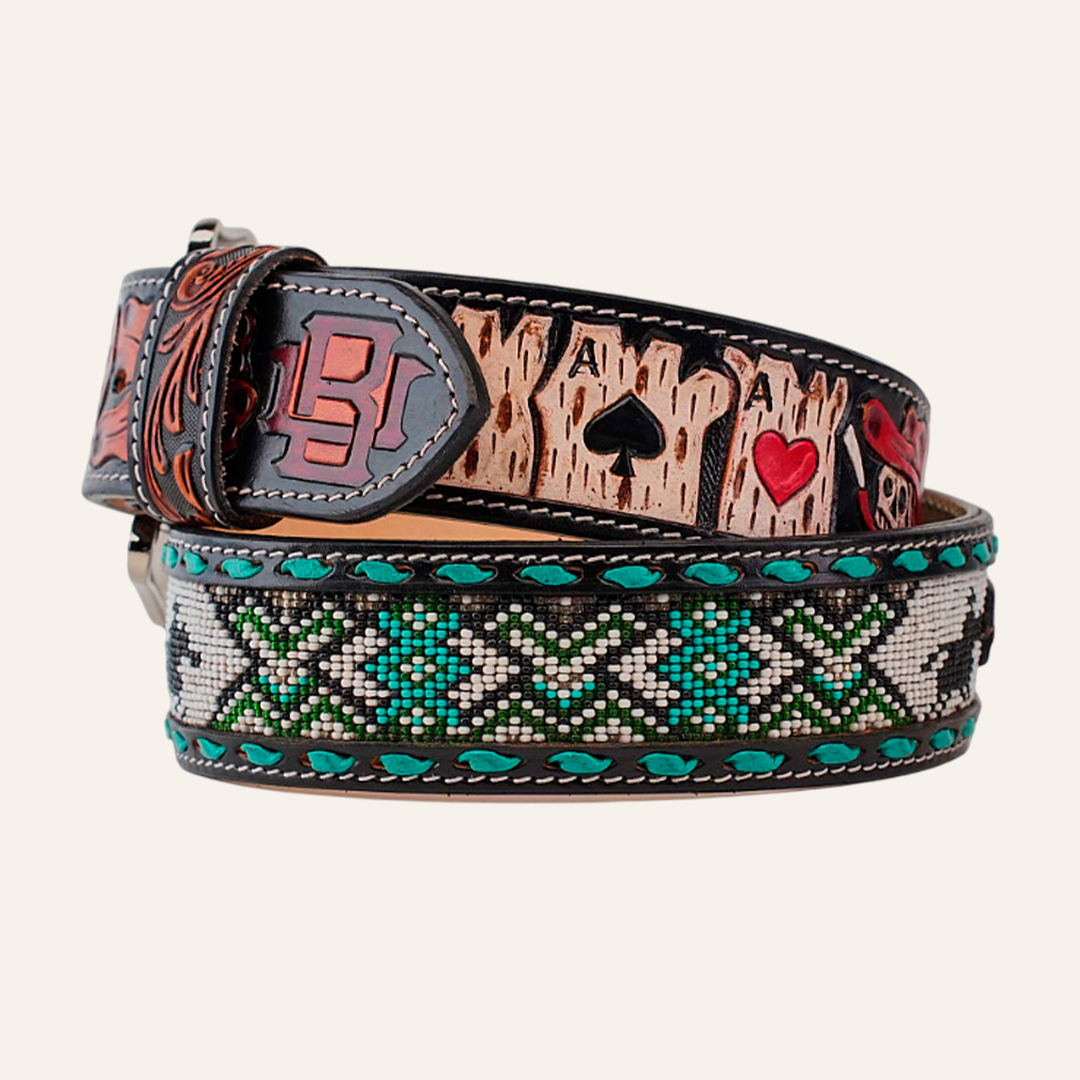Handtooled Beaded Belt - Aces