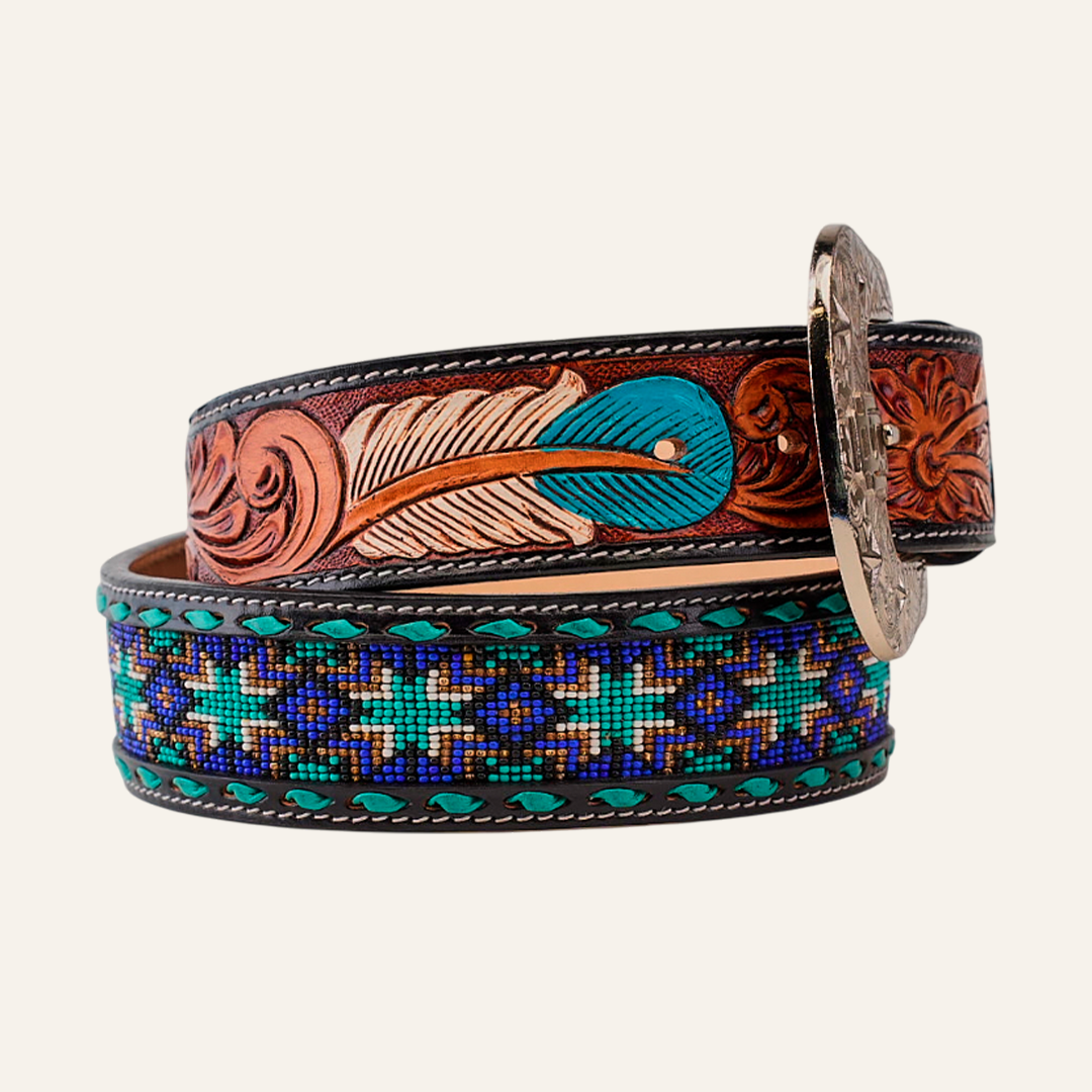Handtooled Beaded Belt - Aztec Feather