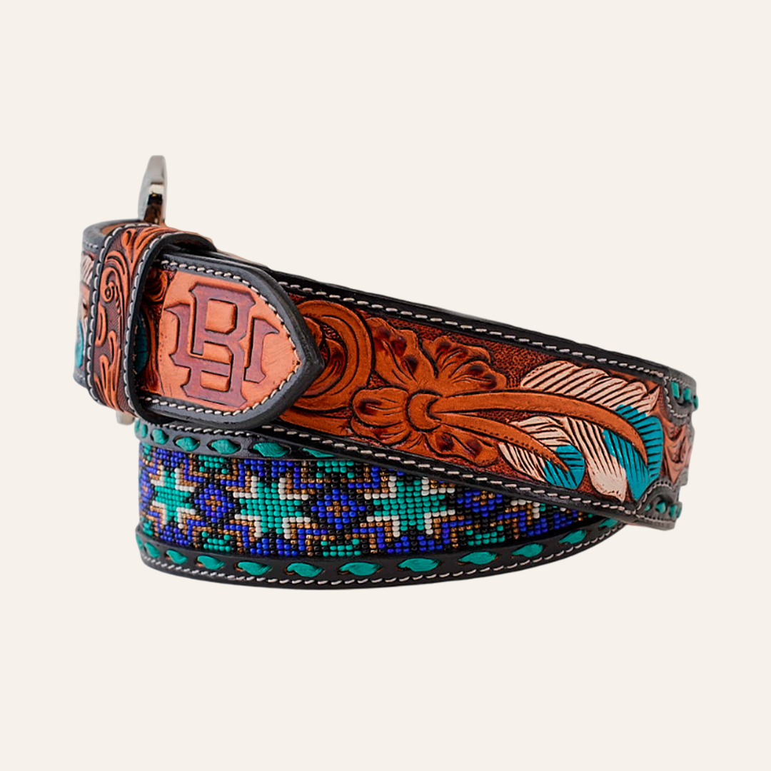 Handtooled Beaded Belt - Aztec Feather