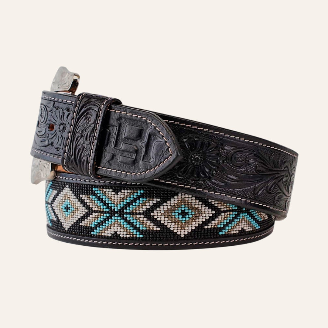 Handtooled beaded belt - Aztec Black