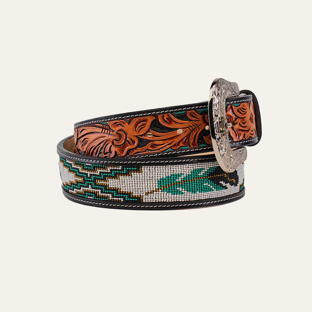 Handtooled Beaded Belt - Gasoline Green Honey