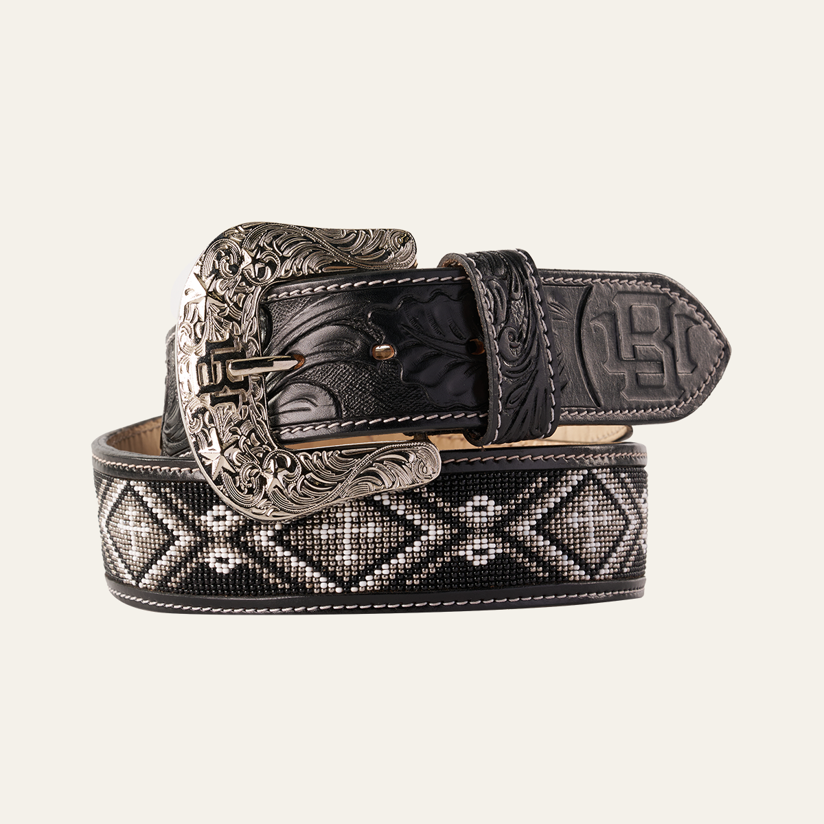 Handtooled beaded belt - Black