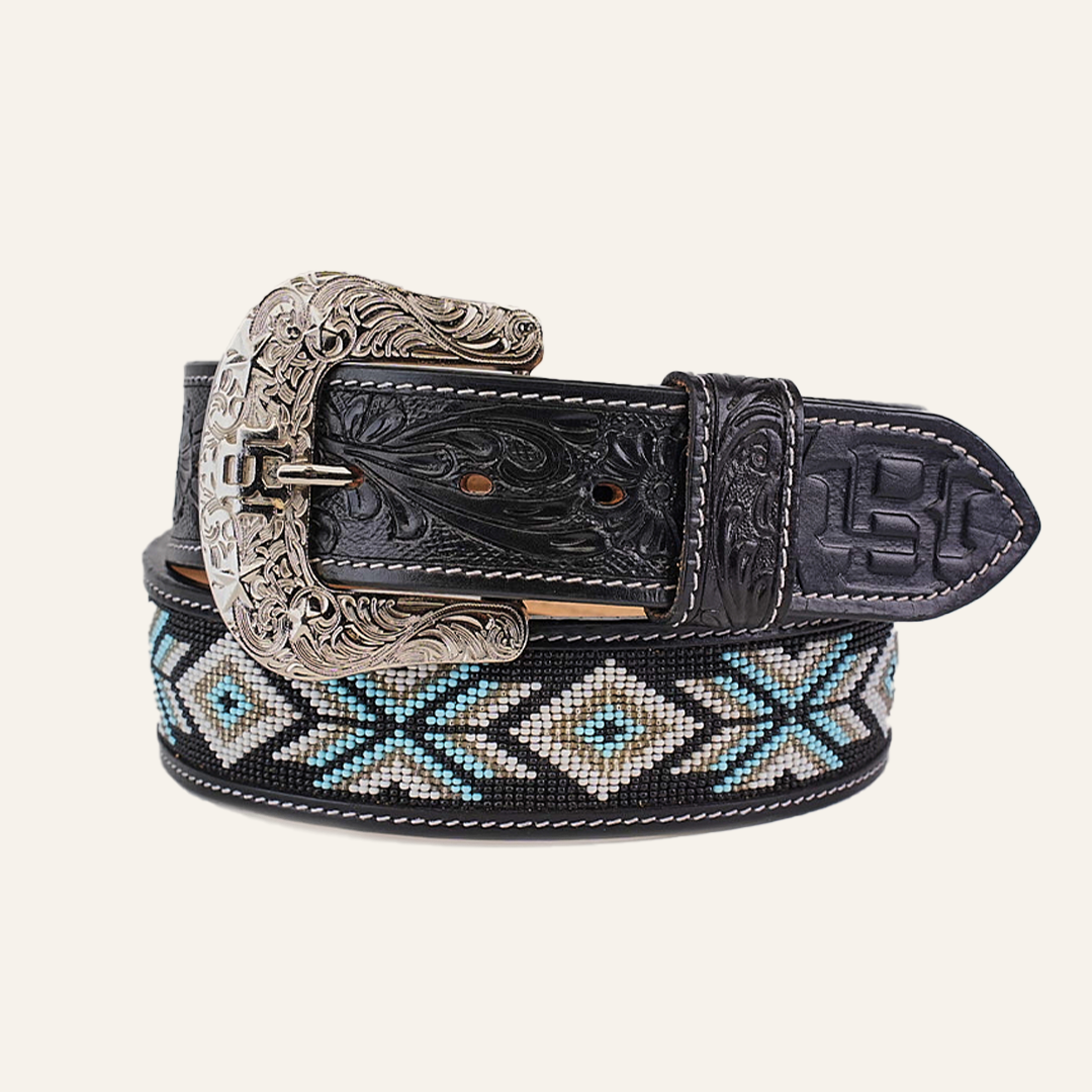 Handtooled beaded belt - Aztec Black