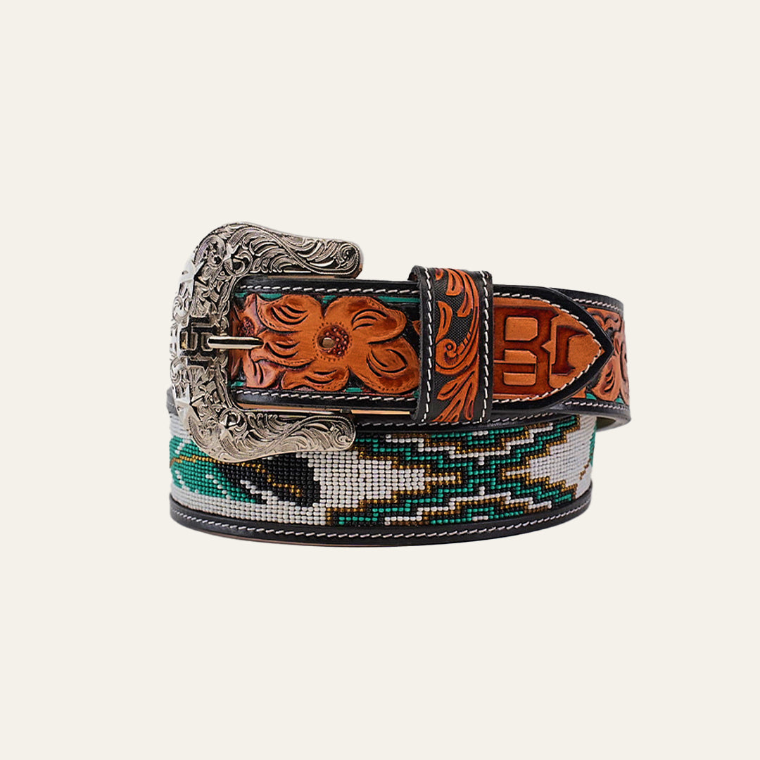 Handtooled Beaded Belt - Gasoline Green Honey