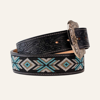 Handtooled beaded belt - Aztec Black